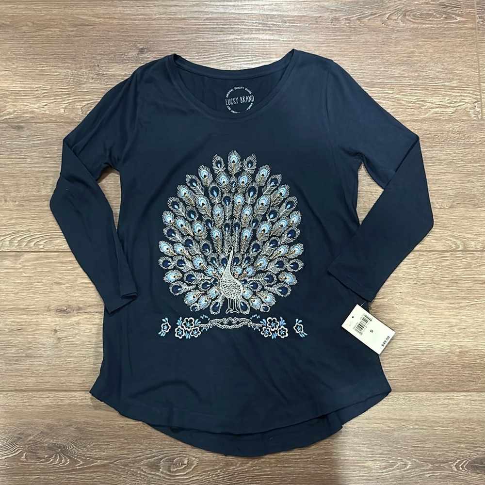 Women’s lucky brand top with peacock embroidery